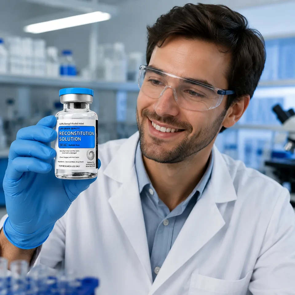 Researcher inspecting a Bacteriostatic Agua vial
